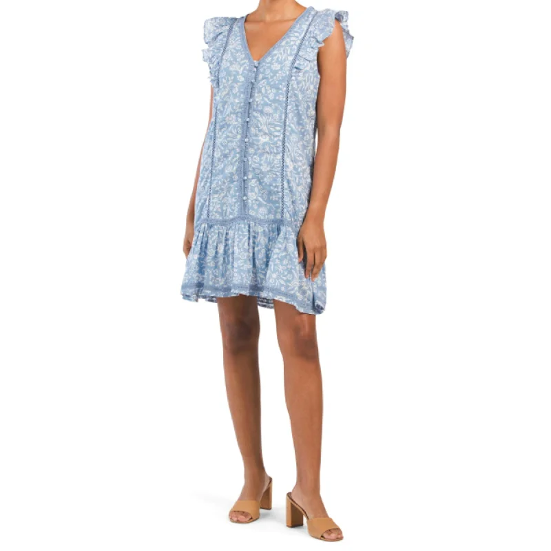 ladies-mini-dress-flared-flair-Lucky Brand Lace Trim Ruffle Shoulder Flounce Floral Mini Dress