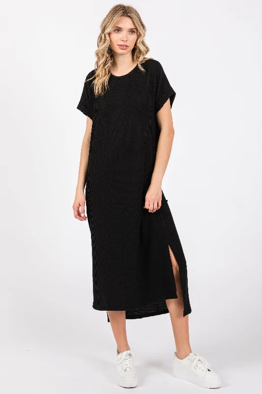 Women's midi dress art chic -Black Ribbed Short Sleeve Midi Dress