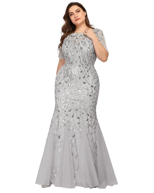 ladies-floral-dress-effortless-ember-Floral Sequin Mermaid Tulle Evening Dress | Silver