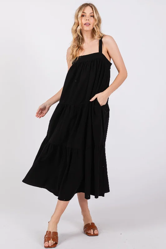 Women's midi dress roar glow -Black Tiered Midi Dress