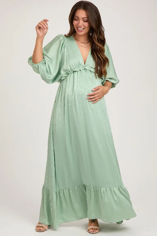 Women's floral dress short chic -Mint Striped Ruffle Accent Maternity Maxi Dress