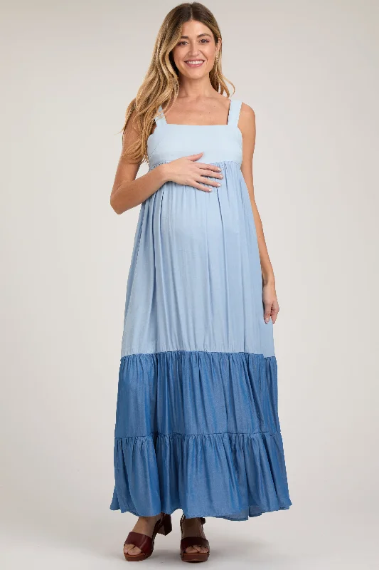 Women's floral dress pure glow -Blue Sleeveless Tiered Tie Back Maternity Maxi Dress