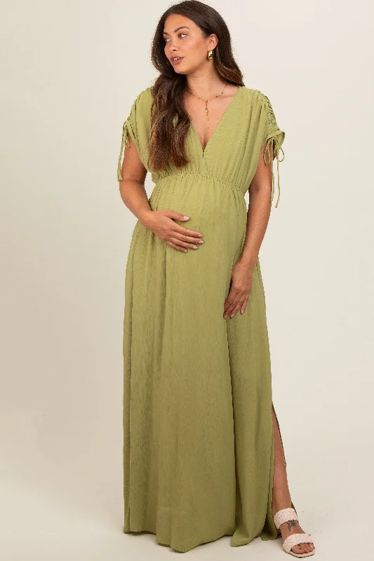 Women's floral dress still glow -Light Olive V-Neck Drawstring Short Sleeve Side Slit Maternity Maxi Dress