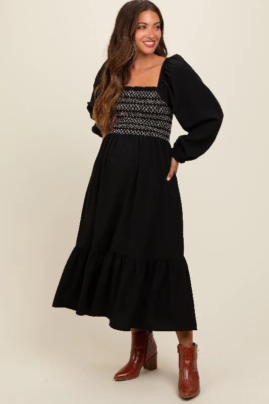 Women's midi dress old flair -Black Contrast Smocked Balloon Sleeve Maternity Midi Dress