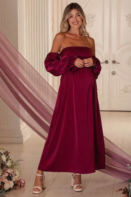 Women's floral dress sprout pop -Burgundy Off Shoulder Satin Pleated Bodice Maternity Maxi Dress