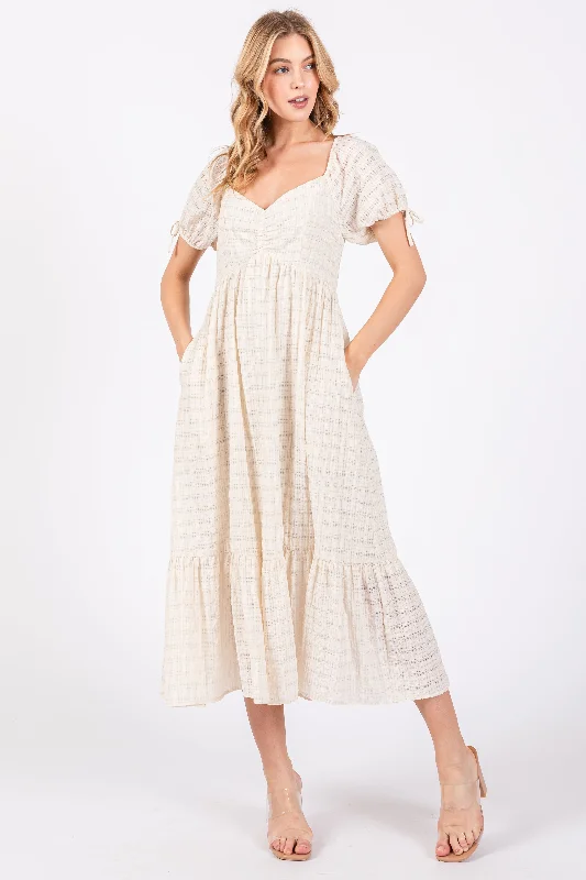 Women's midi dress light flair -Ivory Textured Plaid Puff Short Sleeve Midi Dress