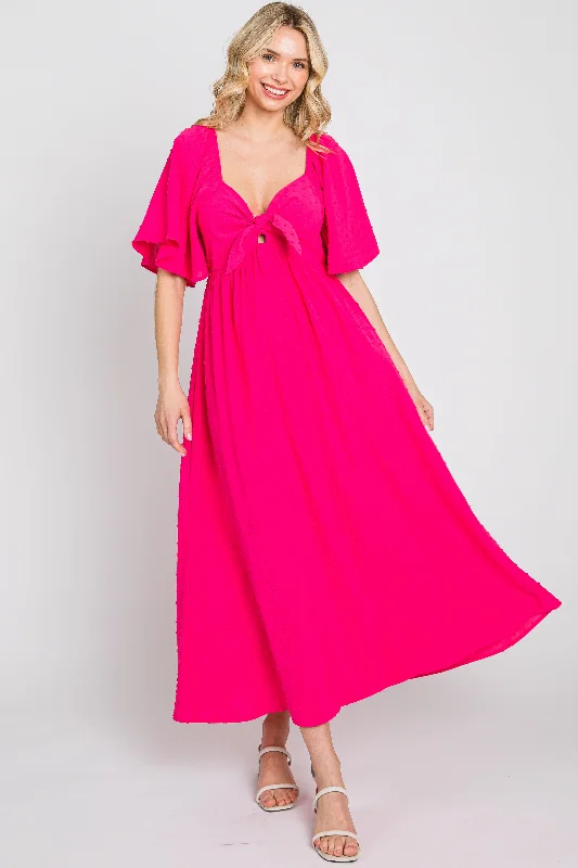 Women's midi dress edge chic -Fuchsia Textured Dot Front Tie Ruffle Sleeve Midi Dress