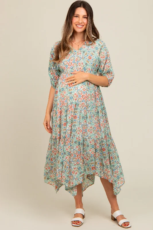 Women's midi dress pull chic -Mint Green Floral Border Print V-Neck Tiered Maternity Midi Dress