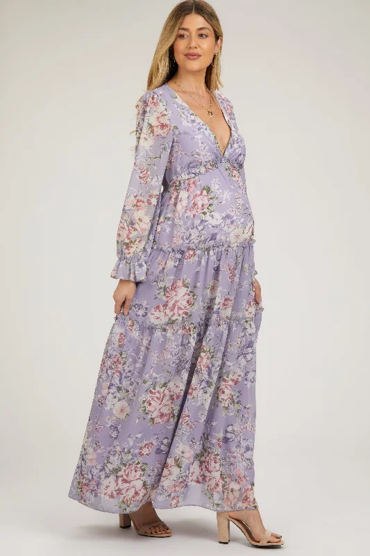 Women's floral dress lone flair -Lavender Floral Chiffon Deep V Ruffle Tiered Maternity Maxi Dress