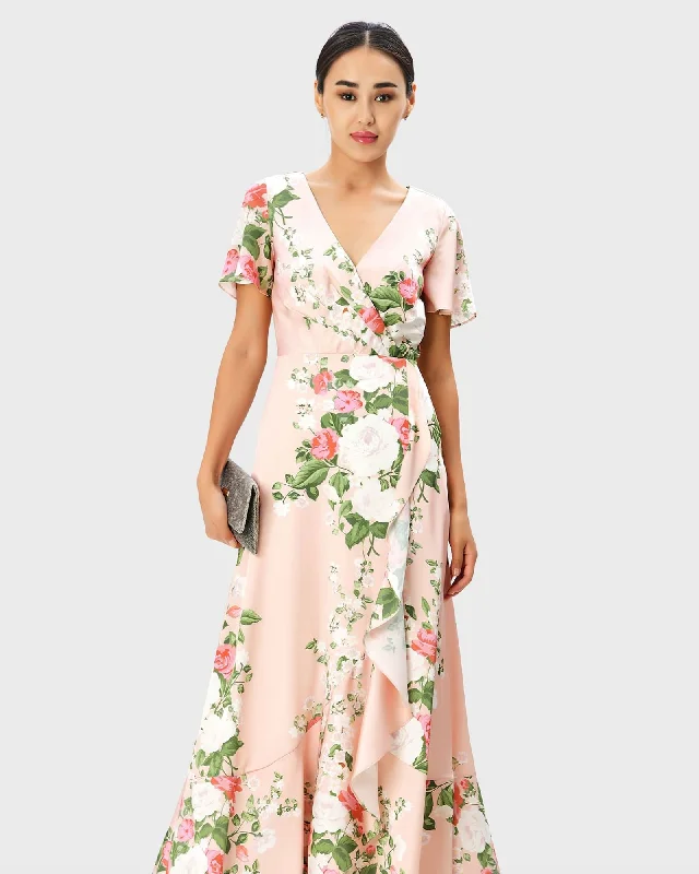 ladies-floral-dress-halter-haze-Floral Print Satin Faux-Wrap Dress | Peach