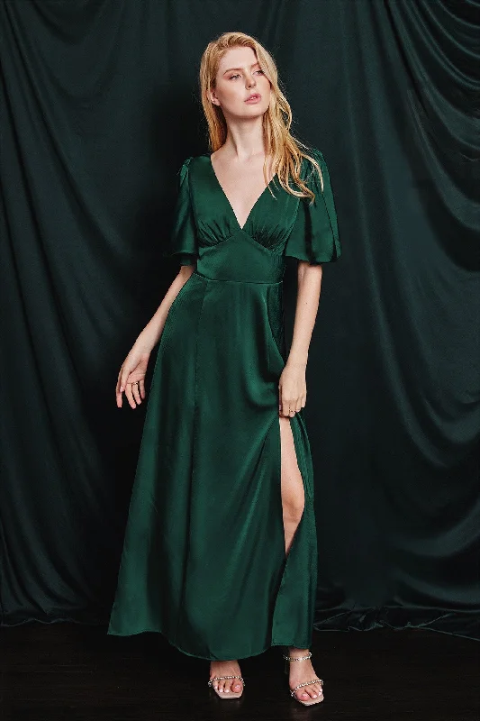 Women's floral dress old pop -Hunter Green Satin Flutter Sleeve Plunging Maxi Dress