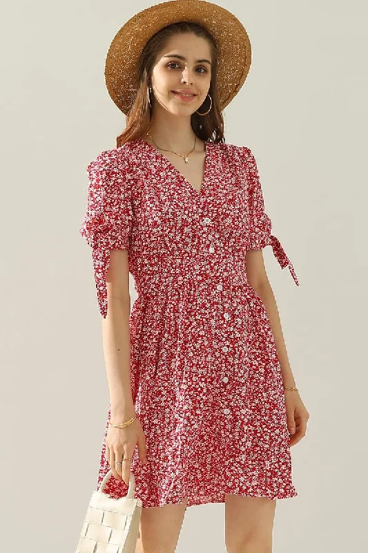 ladies-floral-dress-orchid-opal-FLORAL TIED SLEEVE BUTTON UP SLIM SHORT DRESS