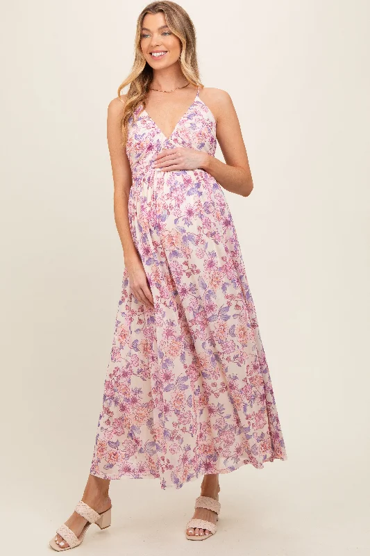 Women's floral dress crew glow -Pink Floral Mesh Sleeveless Maternity Maxi Dress