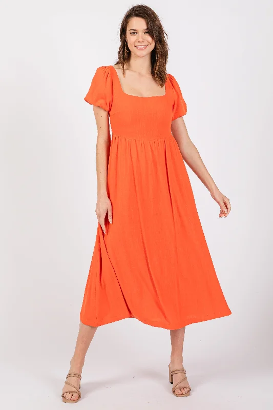 Women's midi dress sway chic -Coral Puff Sleeve Linen Midi Dress