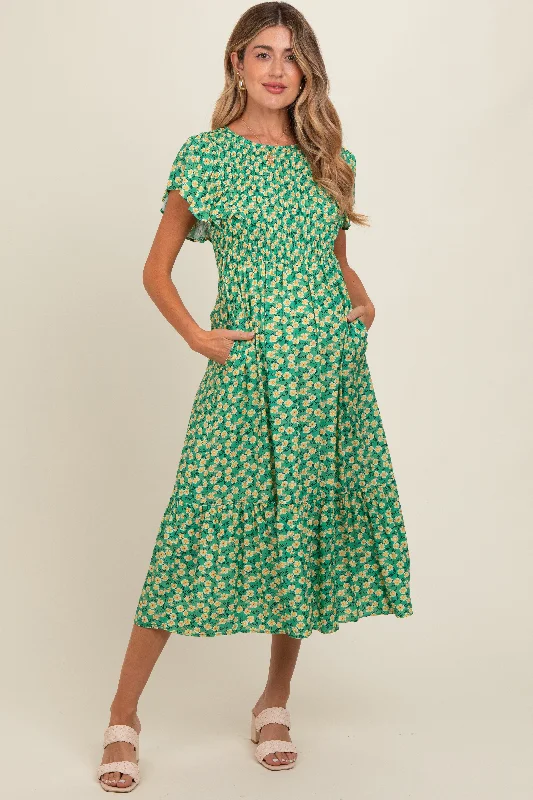 Women's midi dress lane chic -Green Floral Smocked Maternity Midi Dress