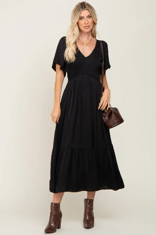 Women's midi dress bloom glow -Black Satin Smocked Midi Dress