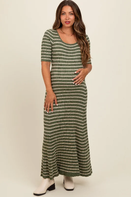 Women's floral dress bond glow -Olive Striped Ribbed Short Sleeve Maternity Maxi Dress