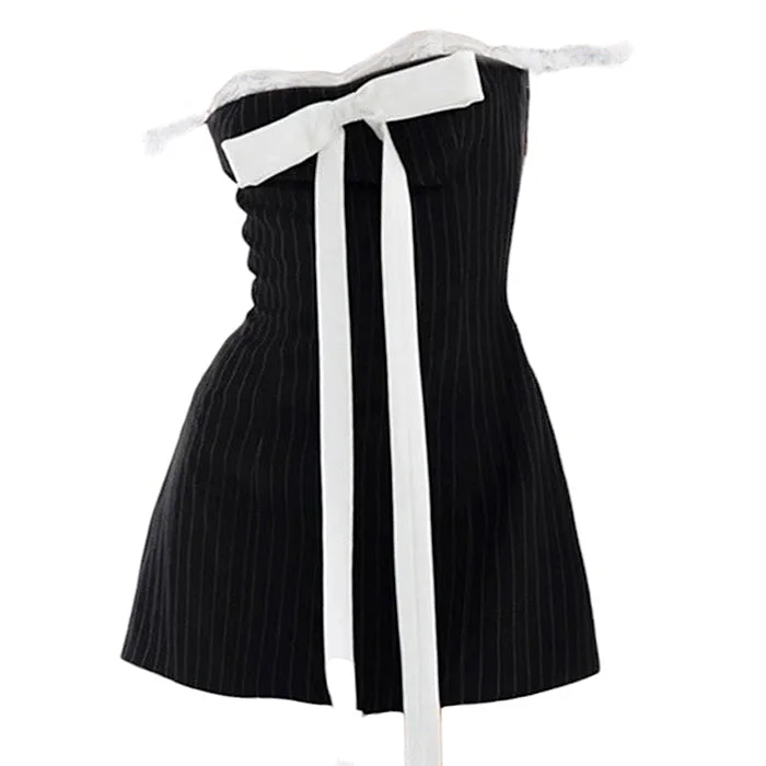 ladies-mini-dress-smocked-skip-Bow Lace Striped Mini Dress