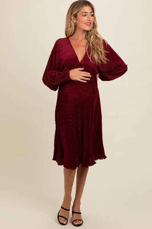 Women's midi dress mid pop -Burgundy Pleated Deep V-Neck Maternity Midi Dress