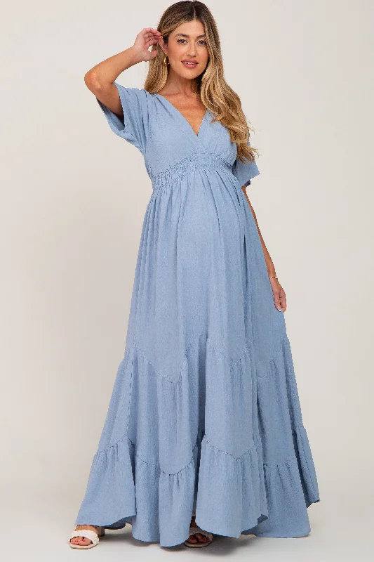 Women's floral dress sleek glow -Light Blue Deep V-Neck Maternity Maxi Dress