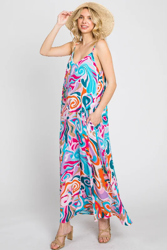 Women's floral dress last chic -Multi-Color Sleeveless V-Neck Maxi Dress