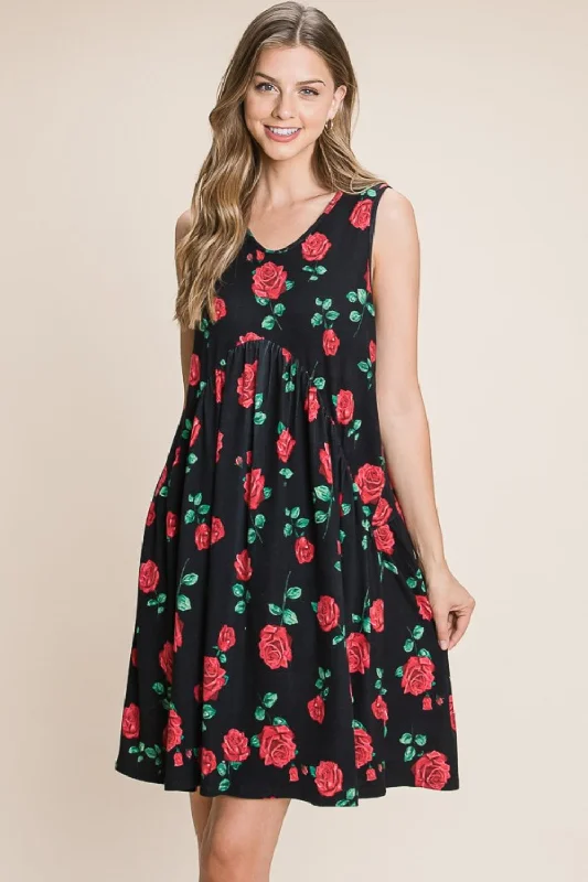 ladies-floral-dress-puff-sleeve-petal-BOMBOM Floral Ruched Tank Dress