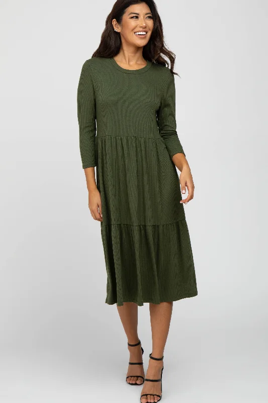 Women's midi dress mute chic -Olive Tiered Ribbed 3/4 Sleeve Midi Dress