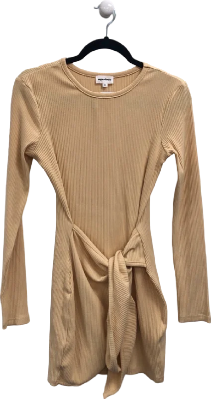 ladies-mini-dress-flowy-fresh-Superdown Beige Ribbed Long Sleeve Mini Dress UK S