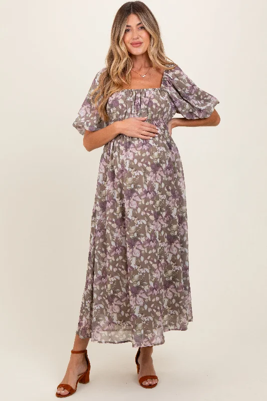 Women's midi dress sip pop -Taupe Floral Square Neck Short Puff Sleeve Maternity Midi Dress