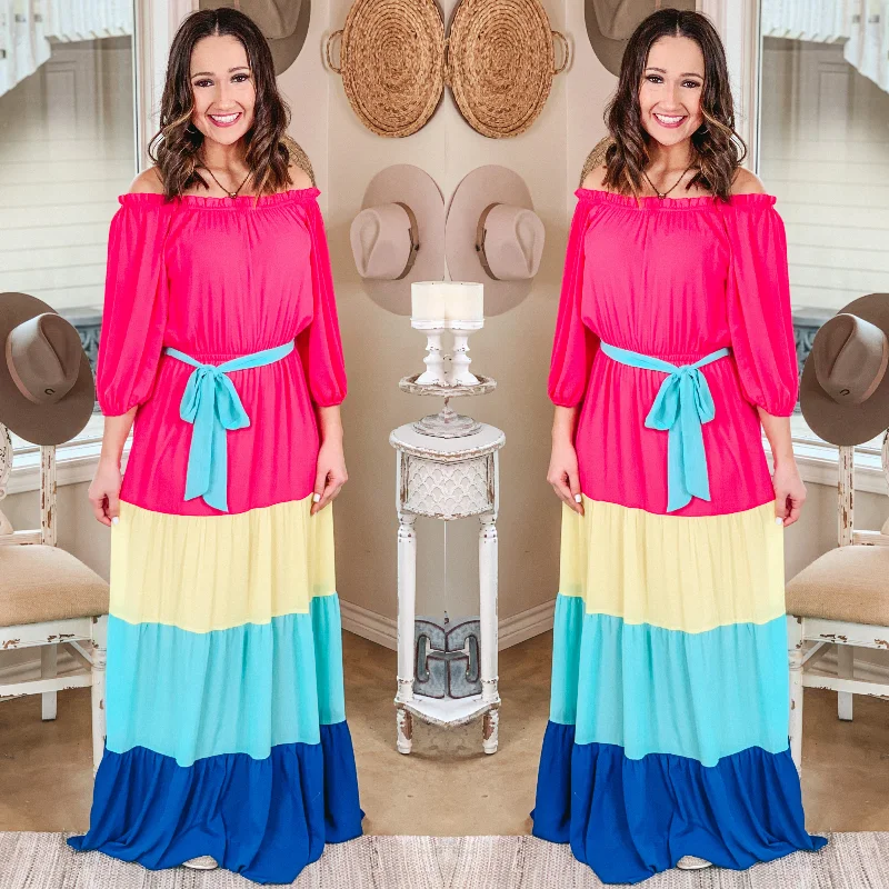 Women's floral dress bell flair -Soul of Sunshine Off the Shoulder Color Block Maxi Dress in Pink, Yellow, and Blue