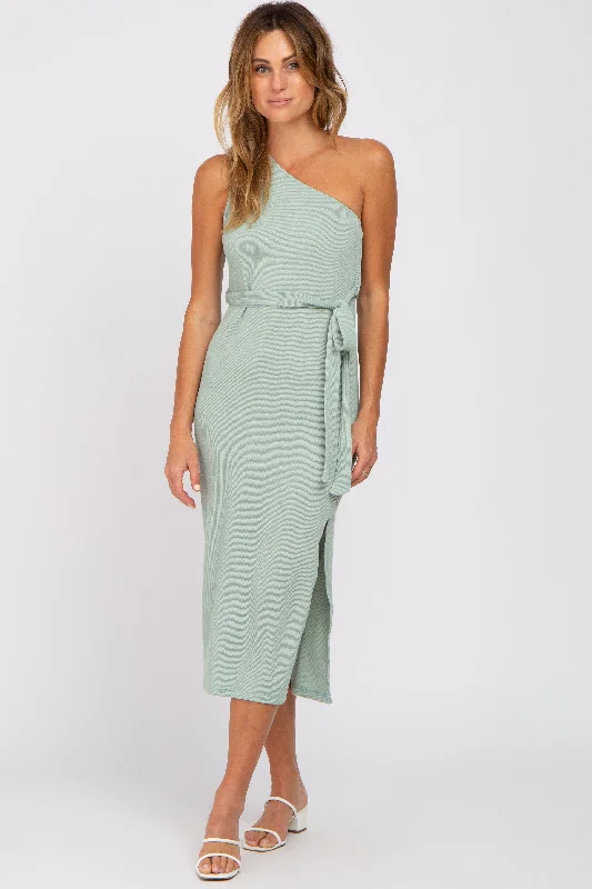 Women's midi dress mid chic -Mint Green Ribbed One Shoulder Side Slit Midi Dress