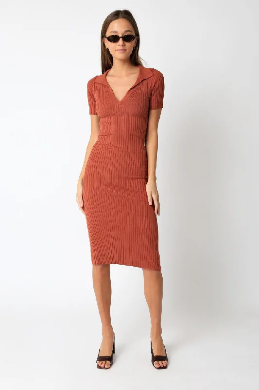 Women's midi dress snug flair -Rust Ribbed Collared V-Neck Midi Dress