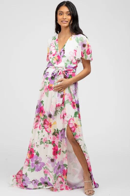 Women's floral dress bar flair -Pink Floral Chiffon Short Sleeve Side Slit Maternity Maxi Dress