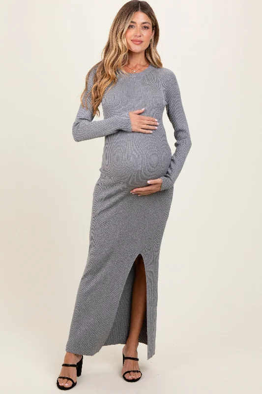 Women's floral dress bar flair -Heather Grey Ribbed Knit Long Sleeve Side Slit Maternity Maxi Dress