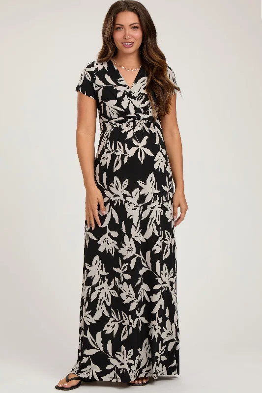 Women's floral dress new bloom -Black Floral V-Neck Maternity Maxi Dress