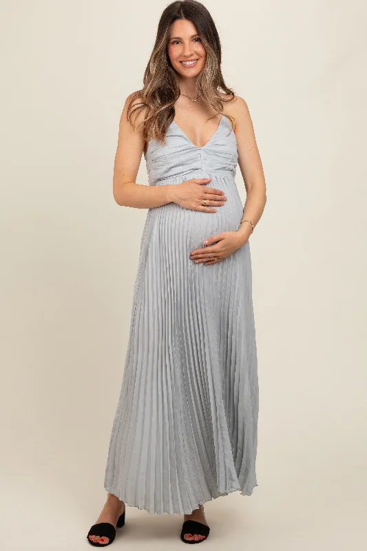 Women's floral dress mist pop -Silver Pleated Back Cutout Tie Maternity Maxi Dress