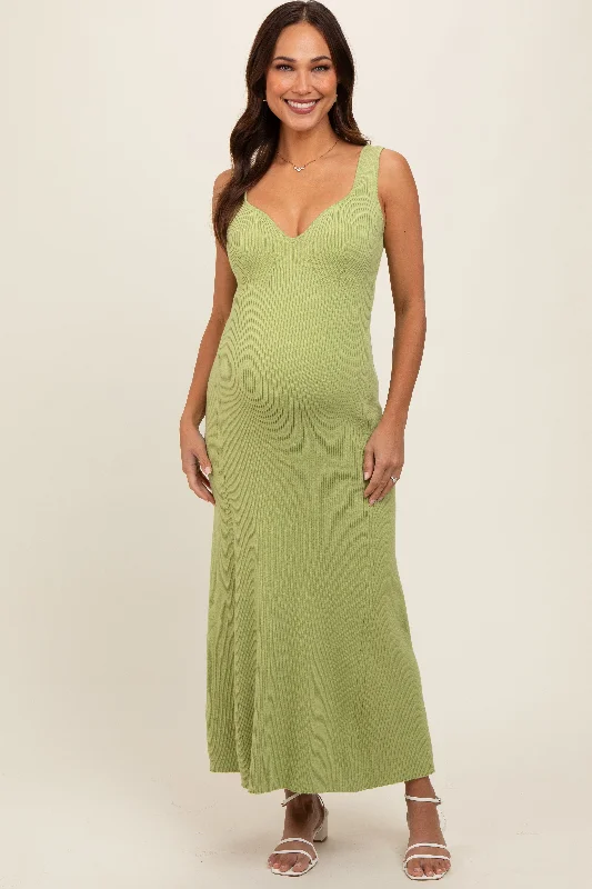 Women's floral dress smooth pop -Light Olive Knit Deep V-Neck Maternity Maxi Dress