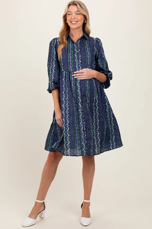 Women's midi dress rim flair -Navy Floral Striped Button Down Maternity Midi Dress