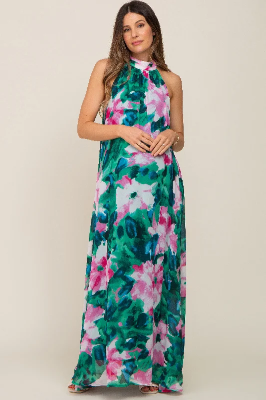 Women's floral dress bond glow -Green Multi-Color Halter Maternity Maxi Dress