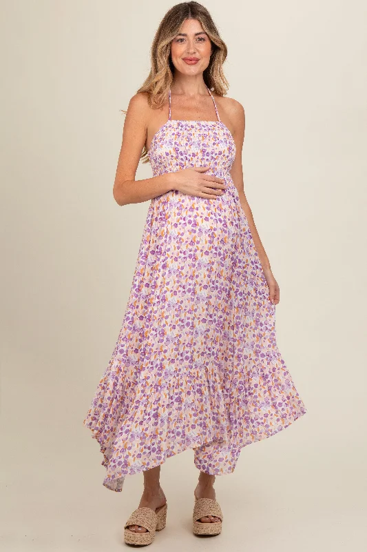 Women's floral dress low flair -Lavender Floral Smocked Halter Flowy Maternity Maxi Dress