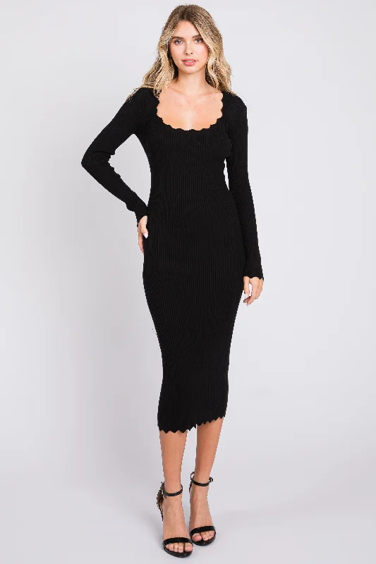 Women's midi dress net chic -Black Ribbed Scallop Hem Long Sleeve Midi Dress