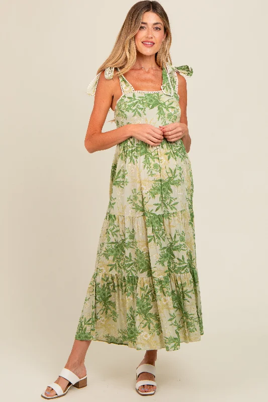 Women's floral dress glen glow -Green Crochet Trim Floral Maternity Maxi Dress