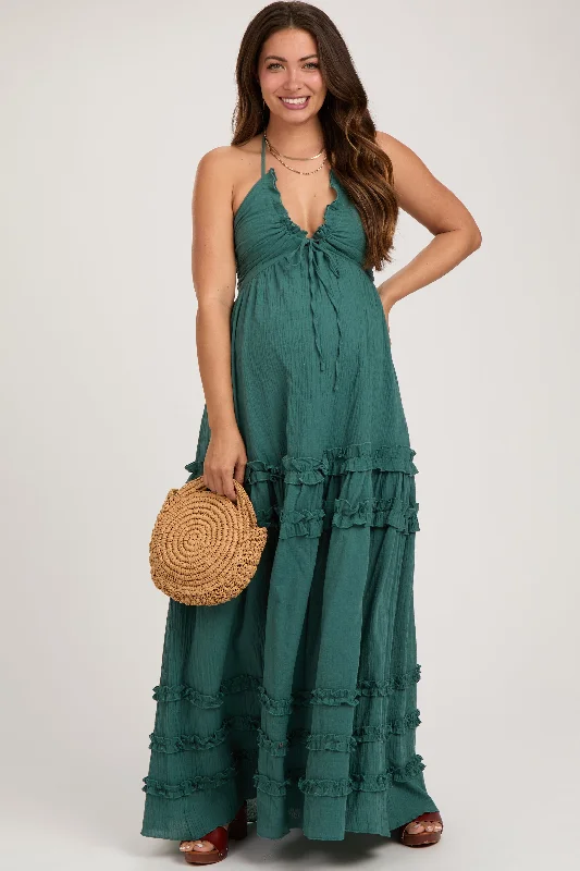 Women's floral dress gap flair -Dark Teal Ruffle Ruched Deep V-Neck Maternity Maxi Dress