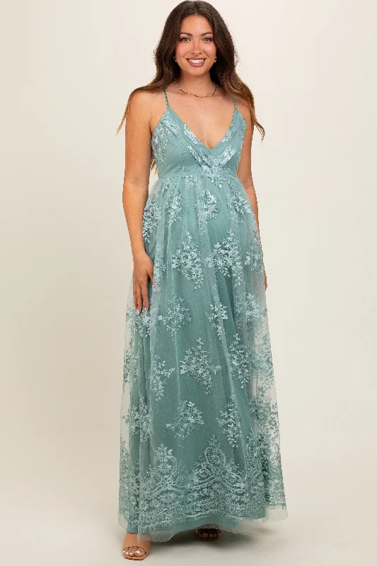 Women's floral dress sweep glow -Mint Green Floral Lace Overlay Maternity Maxi Dress