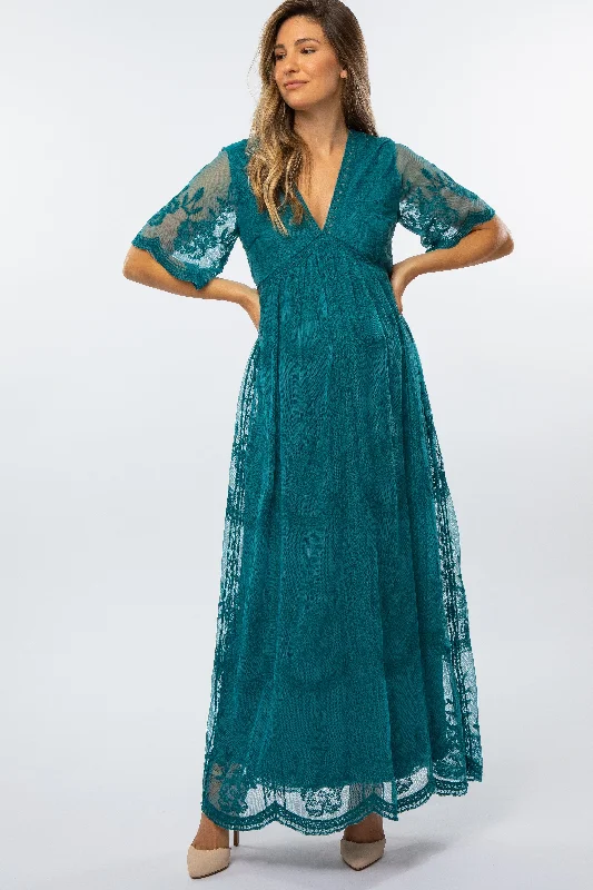 Women's floral dress curve pop -Teal Lace Mesh Overlay Maternity Maxi Dress