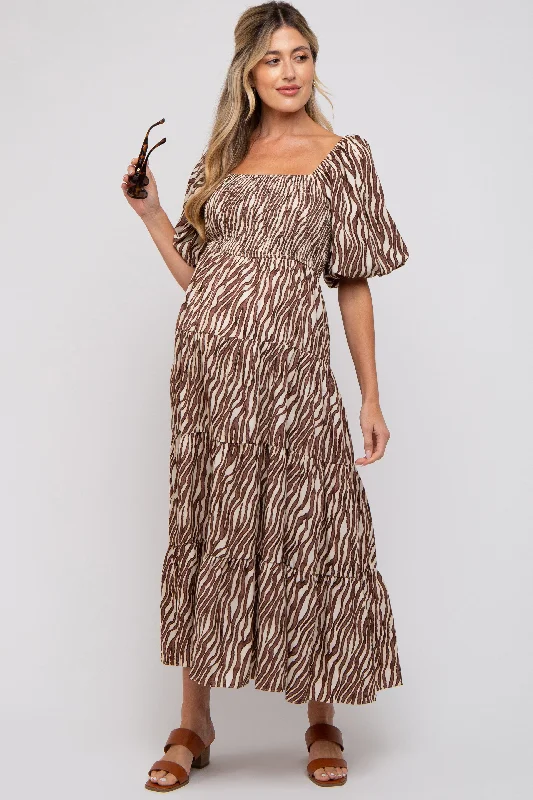 Women's floral dress joy flair -Brown Printed Smocked Maternity Maxi Dress