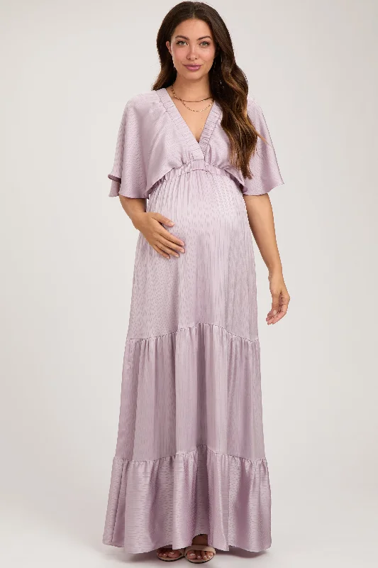 Women's floral dress tiny pop -Lavender V-Neck Flutter Sleeve Tiered Maternity Maxi Dress