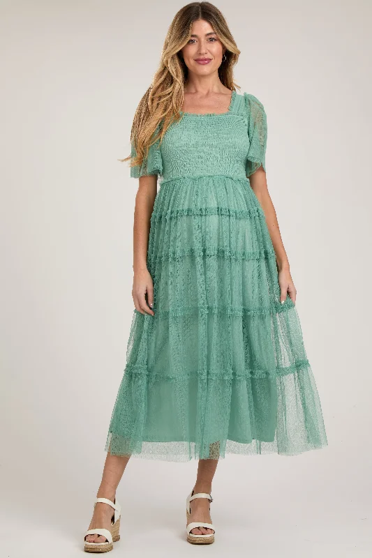 Women's floral dress frill chic -Jade Ruffled Mesh Maternity Maxi Dress