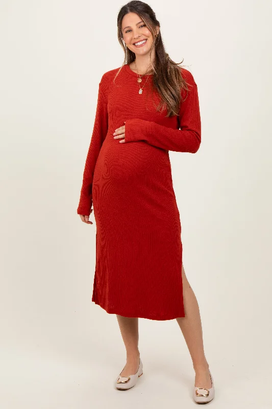 Women's midi dress tie glow -Red Ribbed Knit Long Sleeve Side Slit Maternity Midi Dress