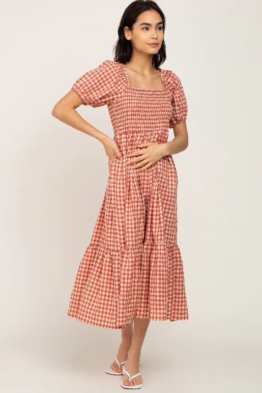 Women's midi dress hip glow -Rust Gingham Smocked Midi Dress